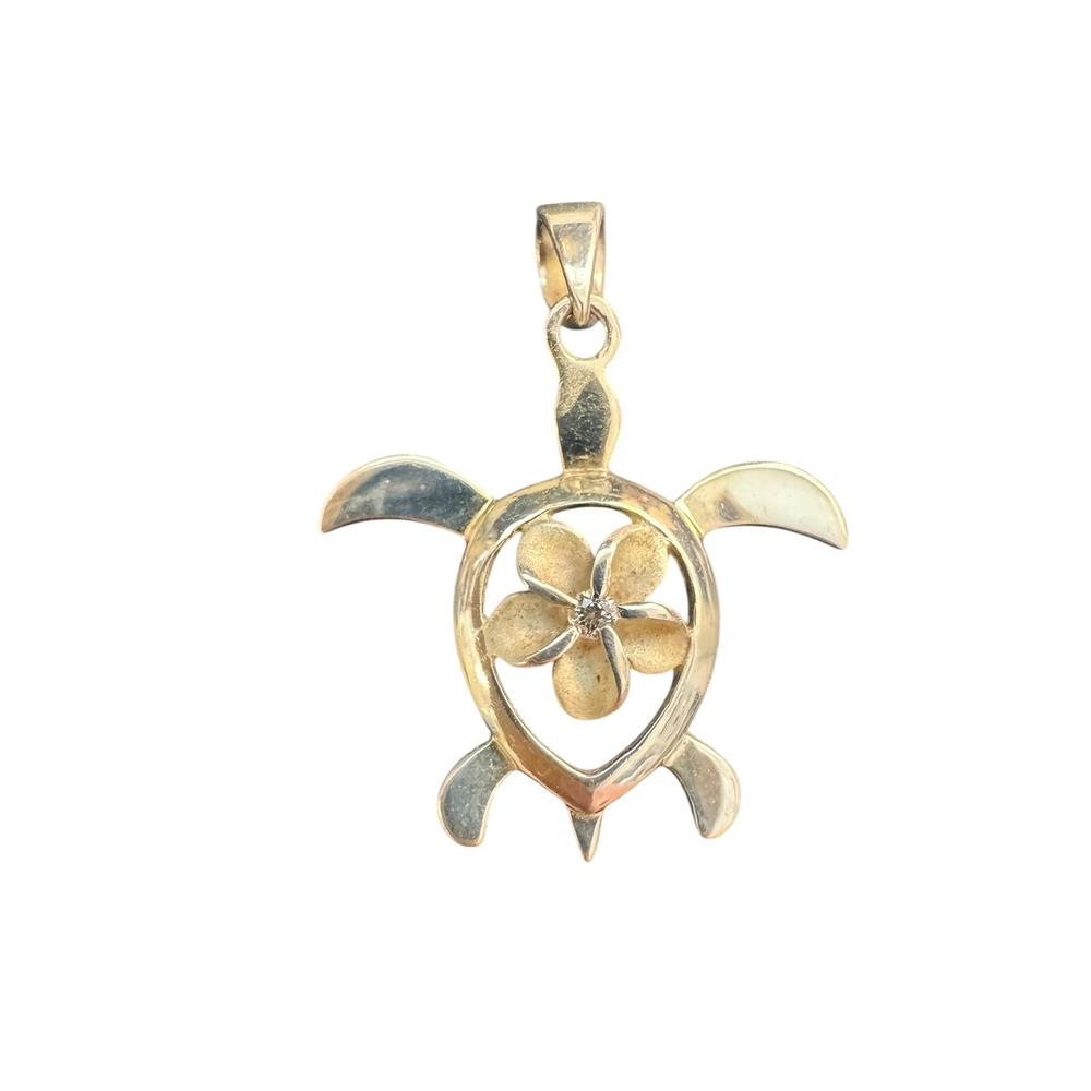 Silver 925 Hawaiian Honu Turtle Pendant Plumeria Flower Center Small Clear Stone